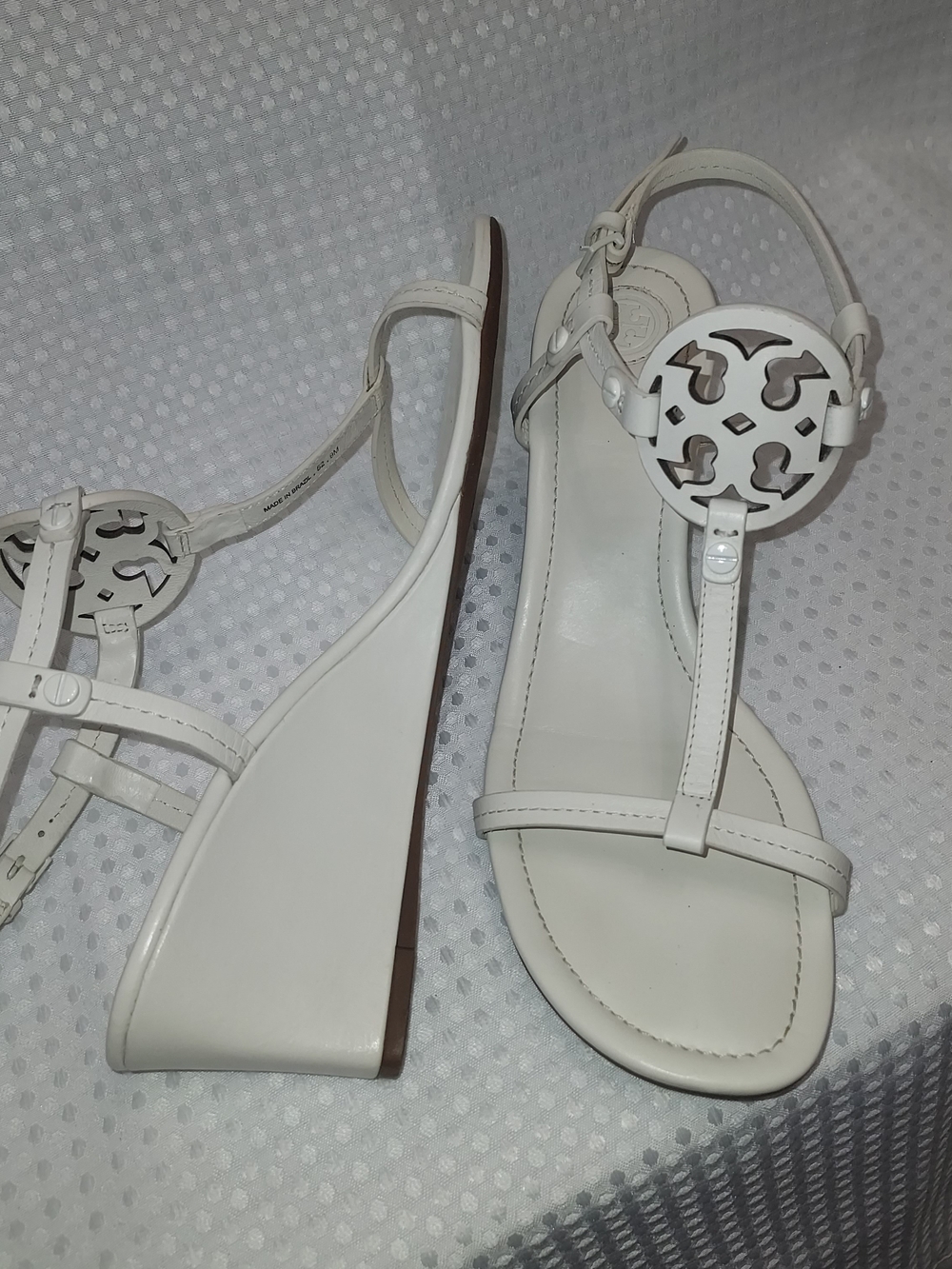 Tory Burch White Leather Logo T-Strap Wedge Sandals